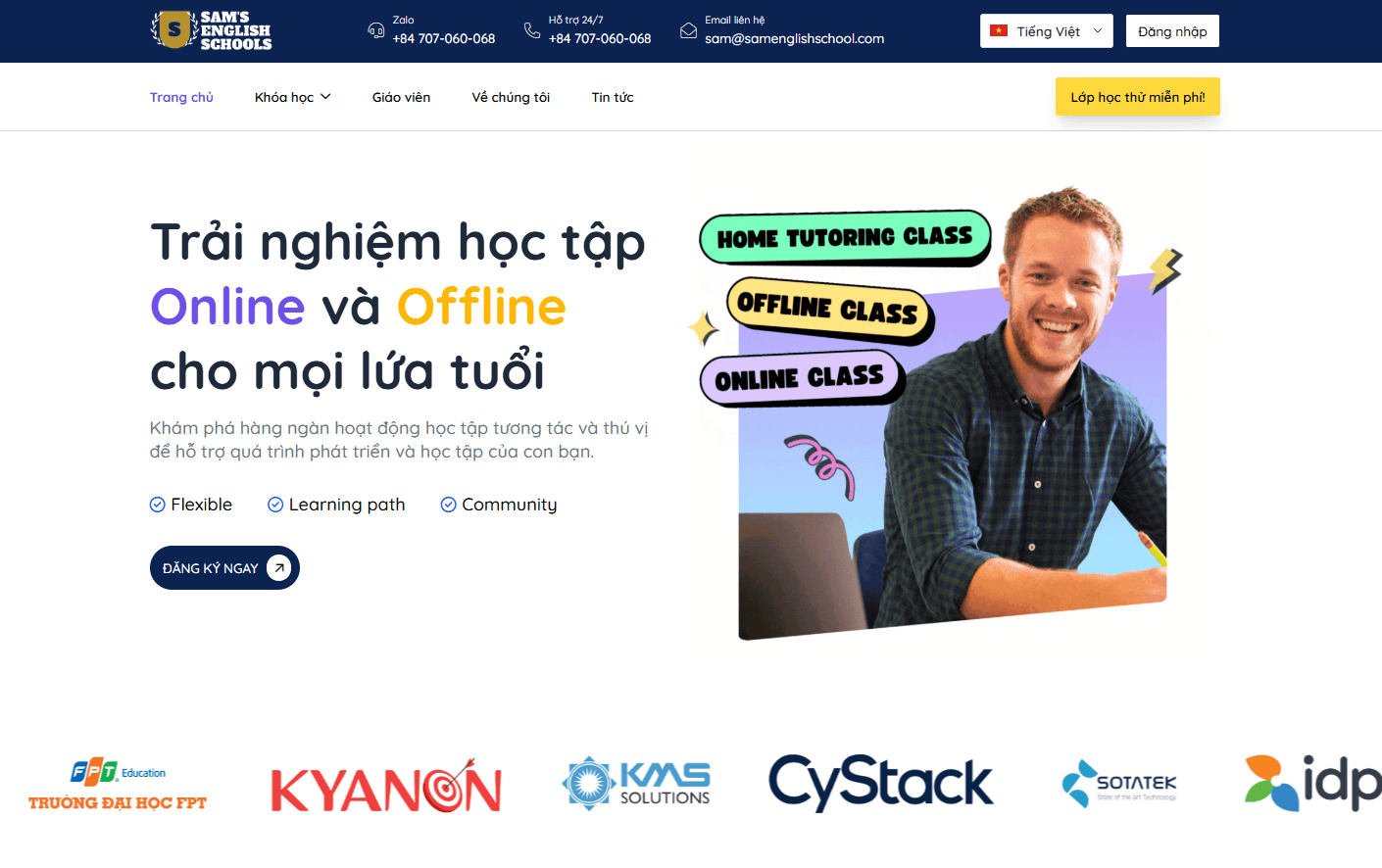 home page of sam english school website
